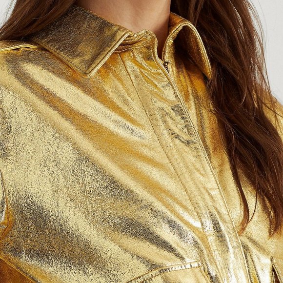 Ralph Lauren Gold Metallic Genuine Leather Bomber Jacket Women's Size P-Large - Picture 6 of 11